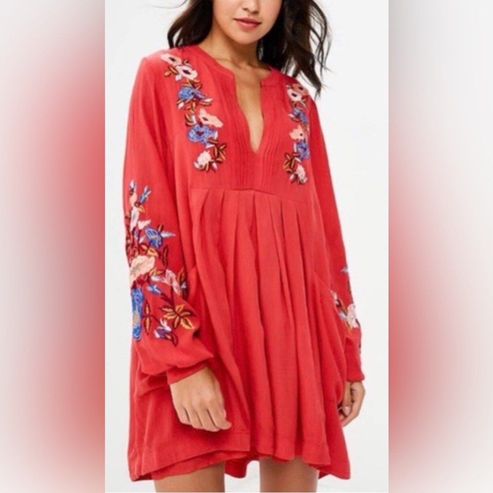 Free People Red Embroidered Mini Dress